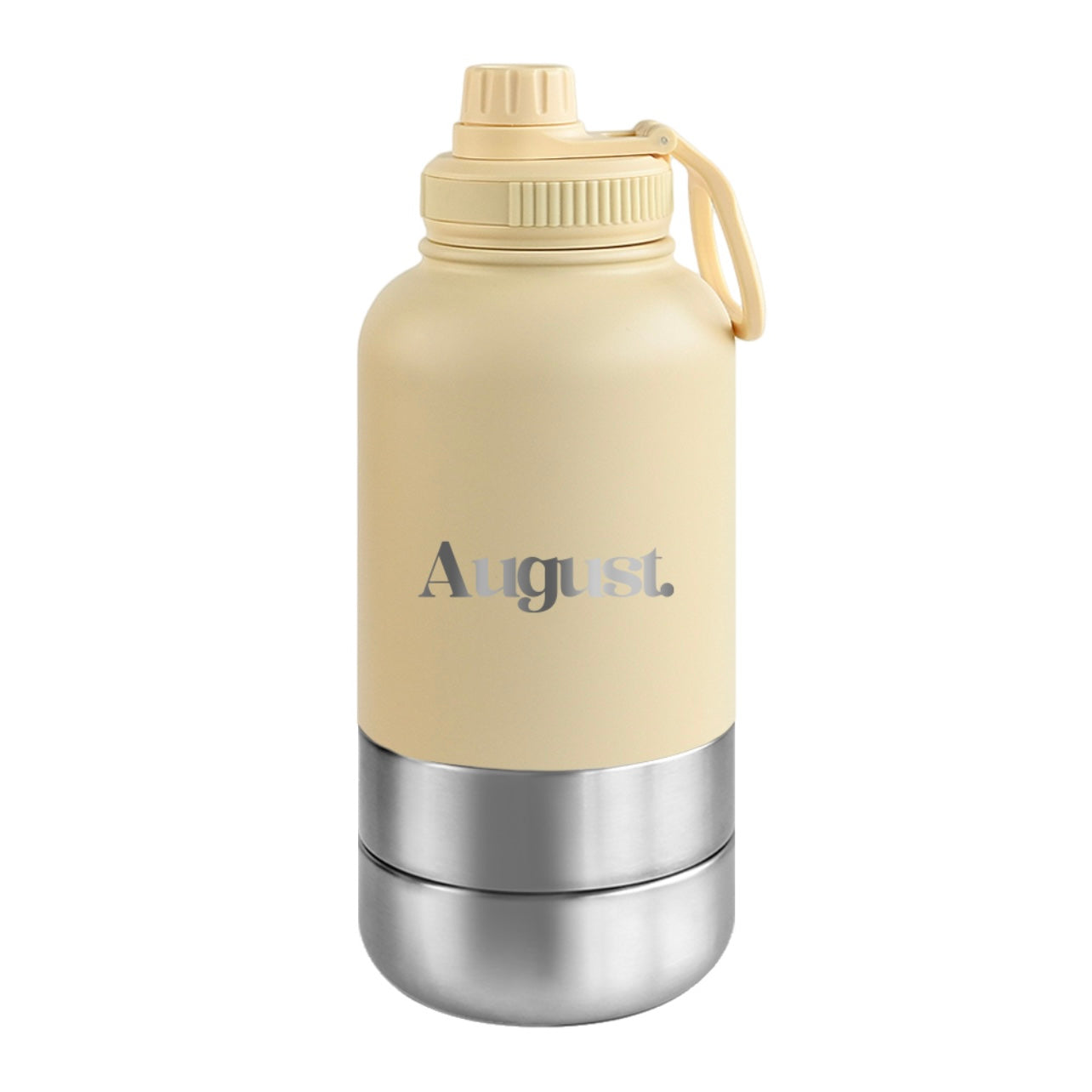 Yellow dog water bottle with smart lid and bowl 1L stainless steel August design