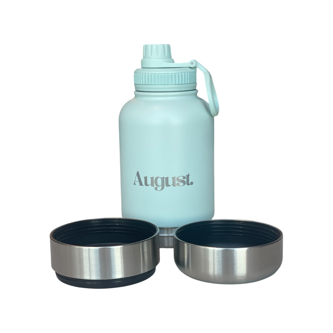 Laguna August 3-in-1 Dog Water Bottle with spout lid open, showing leakproof design and detachable bowls