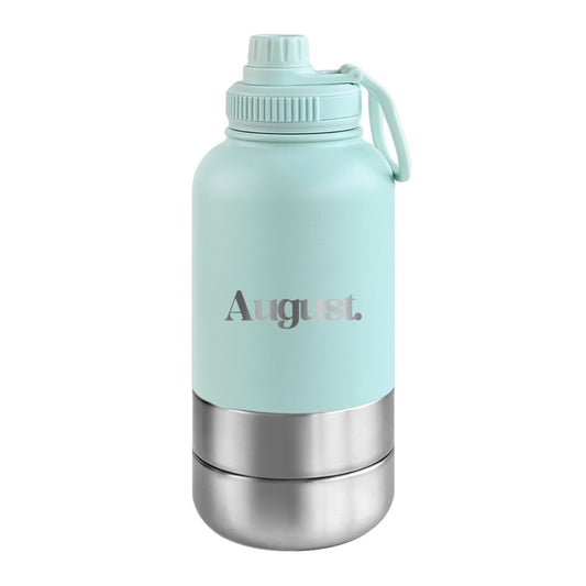 Light blue water bottle with 'August' branding on a white background