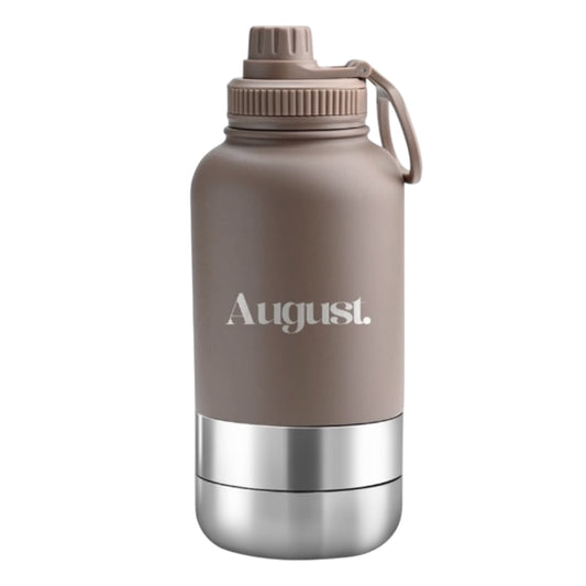 Matte brown dog water bottle – travel-friendly 3-in-1 hydration bottle by August
