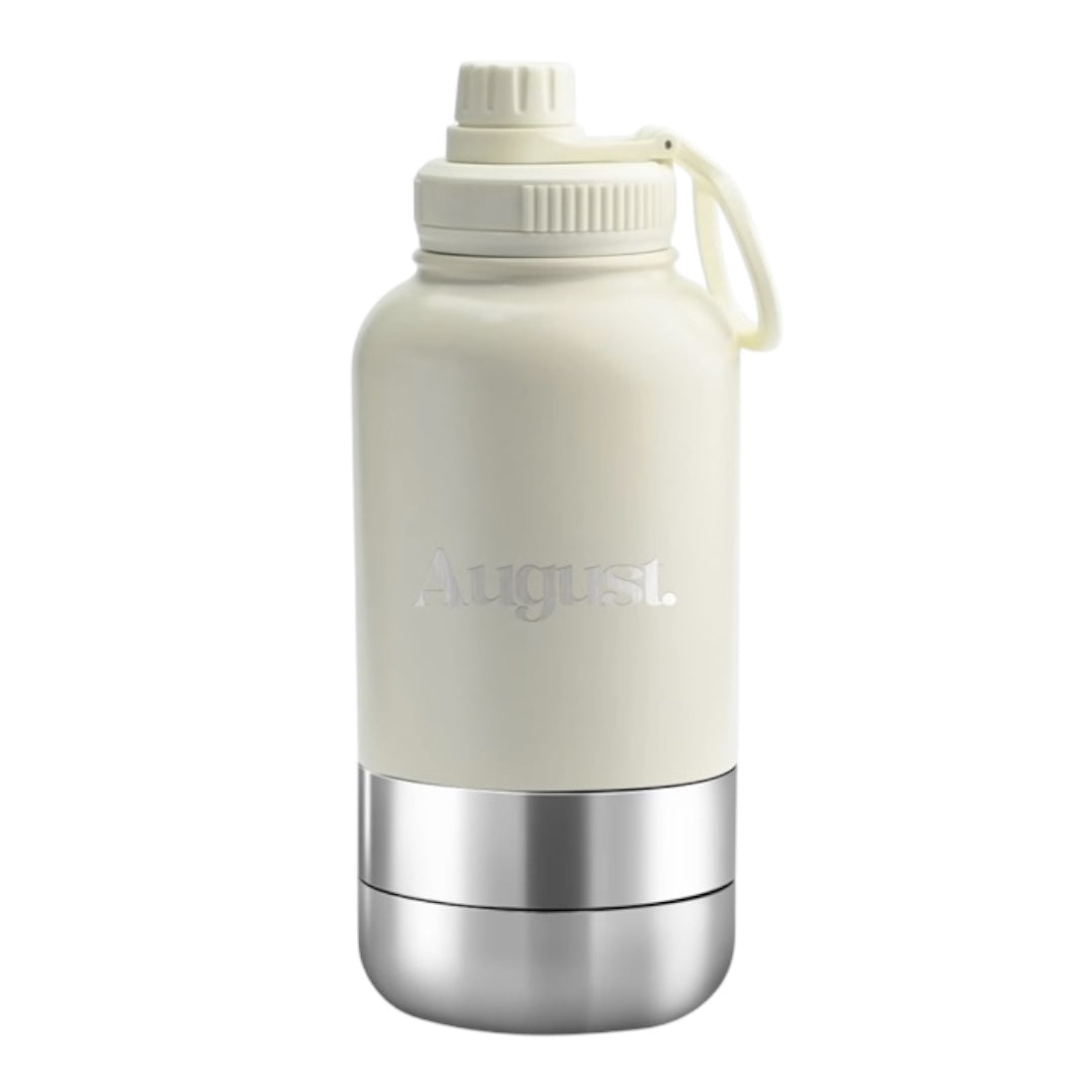 Pearl white dog water bottle by August – 3-in-1 design for pets and owners