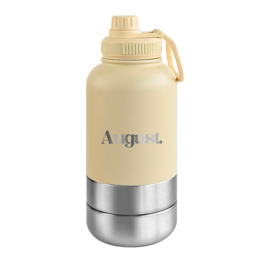 Yellow dog water bottle with smart lid and bowl 1L stainless steel August design
