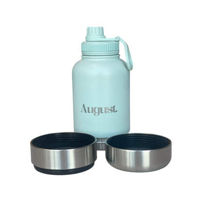  Laguna August 3-in-1 Dog Water Bottle with spout lid open, showing leakproof design and detachable bowls