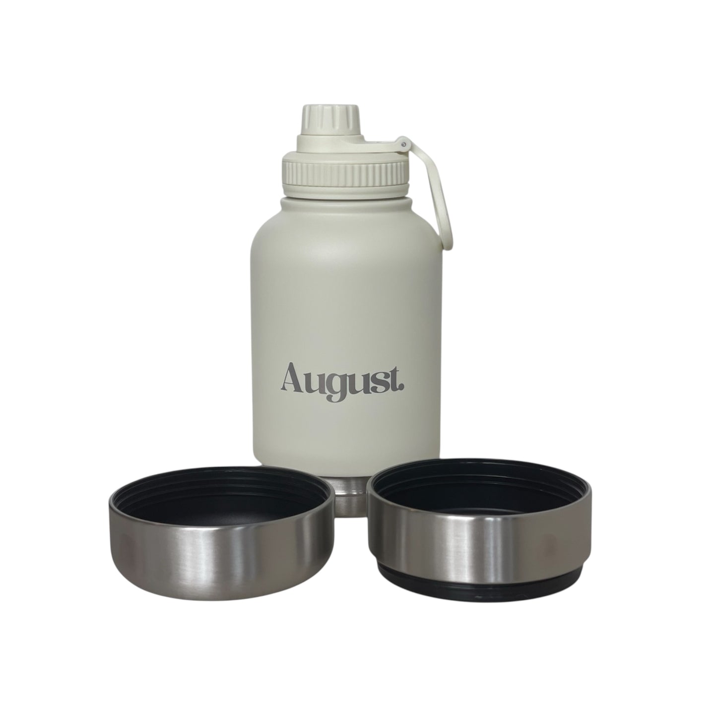 August 3-in-1 Dog Water Bottle in Pearl insulated stainless steel bottle with detachable food and water bowls for dogs and owners.