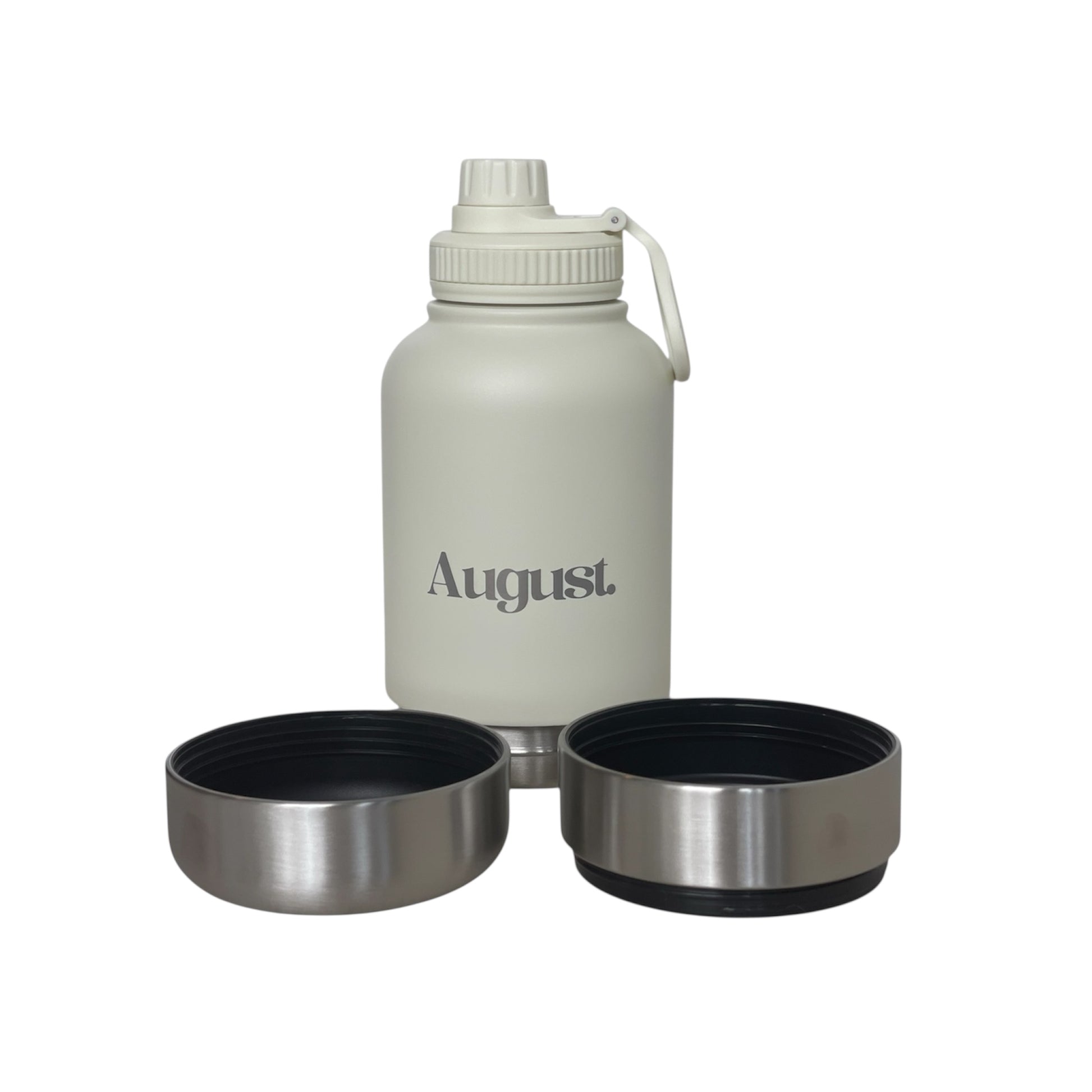 August 3-in-1 Dog Water Bottle in Pearl insulated stainless steel bottle with detachable food and water bowls for dogs and owners.