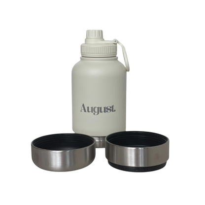 August 3-in-1 Dog Water Bottle in Pearl insulated stainless steel bottle with detachable food and water bowls for dogs and owners.