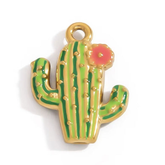 Gold cactus charm with green enamel and pink flower for dog necklace accessory